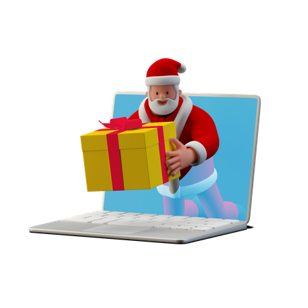 Weihnachtsmann überreicht Online-Geschenk vom Laptop  3D Illustration