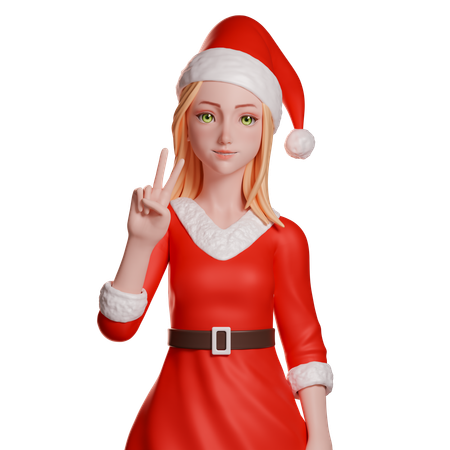 Santa Girl zeigt Peace-Geste mit der linken Hand  3D Illustration