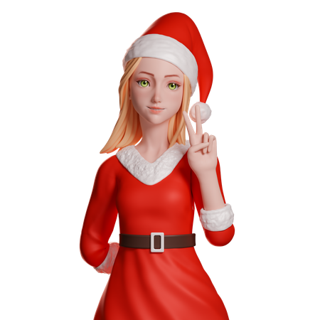 Santa Girl zeigt Peace-Handgeste mit der rechten Hand  3D Illustration