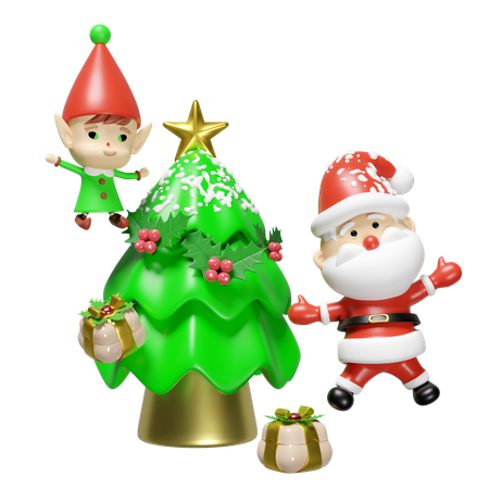 Weihnachtsmann mit Weihnachtsbaum  3D Illustration