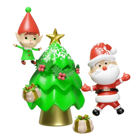 Weihnachtsmann mit Weihnachtsbaum  3D Illustration