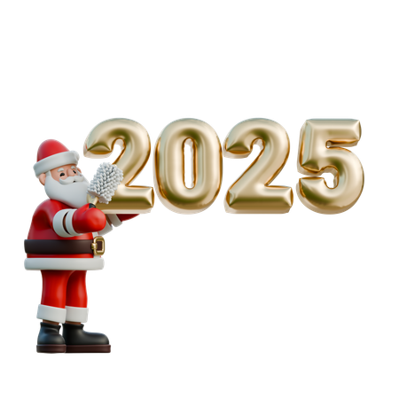 Der Weihnachtsmann poliert die 2 im Jahr 2025  3D Illustration