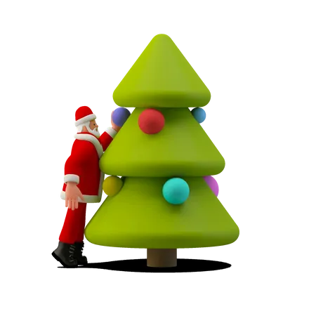 Weihnachtsmann schmückt weihnachtsbaum  3D Illustration