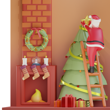 Weihnachtsmann schmückt weihnachtsbaum  3D Illustration