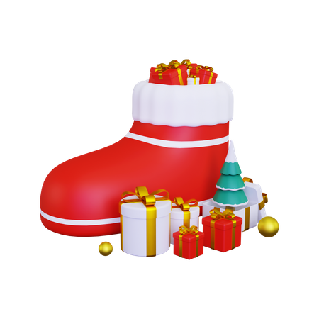 Weihnachtsmann Schuhe mit vielen Geschenken  3D Illustration