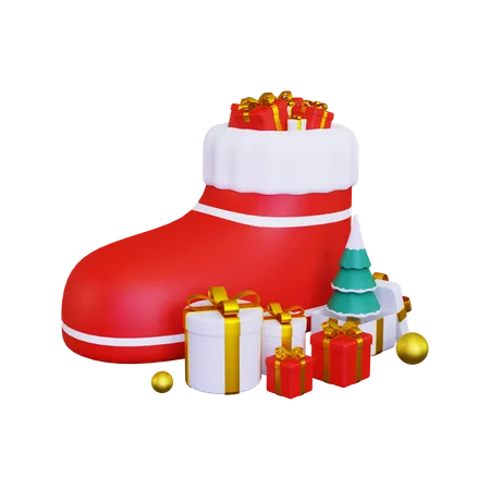 Weihnachtsmann Schuhe mit vielen Geschenken  3D Illustration