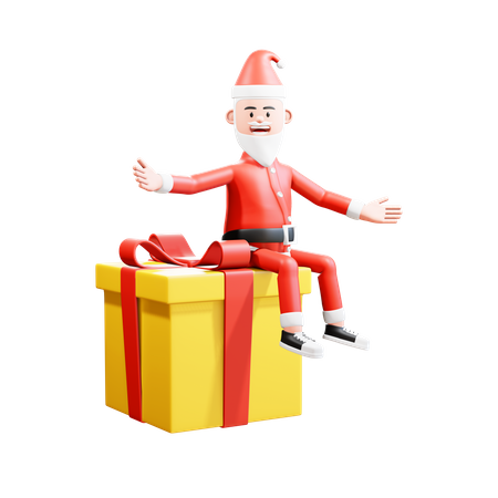 Der Weihnachtsmann sitzt fröhlich auf einem großen Weihnachtsgeschenk  3D Illustration