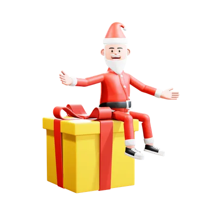 Der Weihnachtsmann sitzt fröhlich auf einem großen Weihnachtsgeschenk  3D Illustration