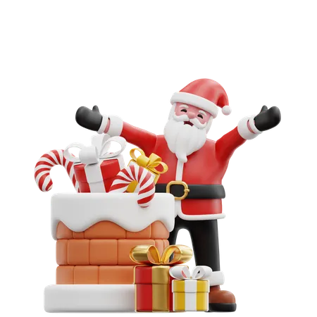 Santa sitzt in der Nähe von Schornstein und Geschenk  3D Illustration