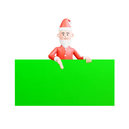 Der Weihnachtsmann steht hinter dem großen grünen Banner und zeigt etwas  3D Illustration