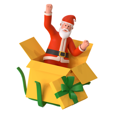 Weihnachtsmann überrascht aus einer Geschenkbox  3D Illustration