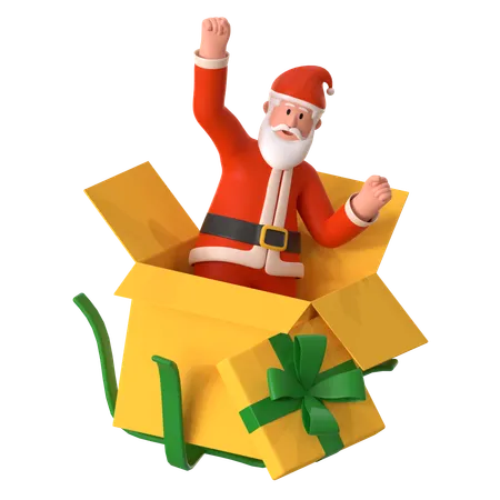 Weihnachtsmann überrascht aus einer Geschenkbox  3D Illustration