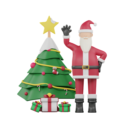 Weihnachtsmann und Weihnachtsbaum  3D Illustration