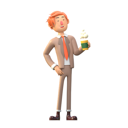 White Businessman Drinking Coffee  3D Illustration
