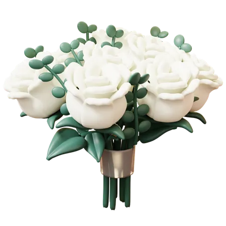 3 D Cute Cartoon White Rose Bouquet Wedding Wedding Invitation Marrying Ceremony Romantic Concept Groom And Bride 3D Icon