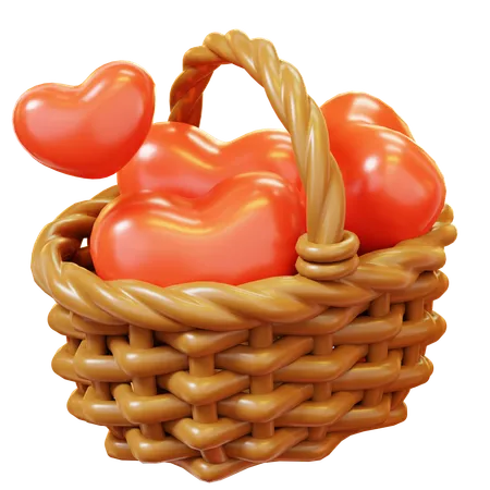 Cute Cartoon 3 D Heart In Wooden Wicker Basket Happy Valentines Day Anniversary Wedding Love Concept 3D Icon