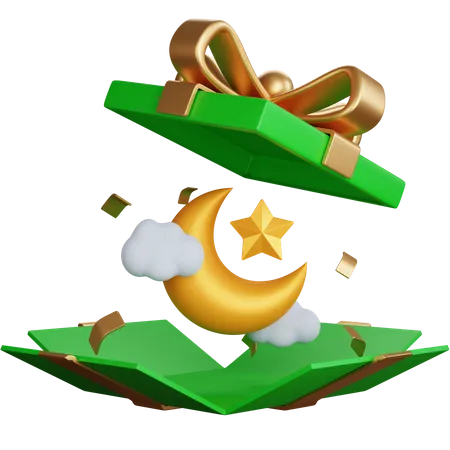 Wide Open Gift Box With Crescent Moon  3D Icon