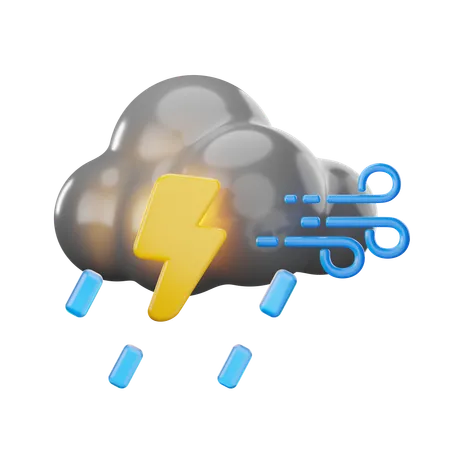 Wind Cloudy Rain With Thunder  3D Icon