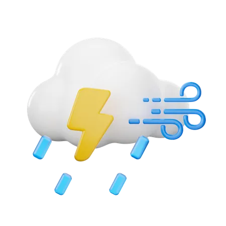 Wind Cloudy Rain With Thunder  3D Icon