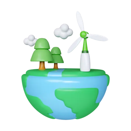 3 D Globe Tree And Windmill Earth Day Save World Environment Icon Concept Icon Isolated On White Background 3 D Rendering Illustration Clipping Path 3D Icon