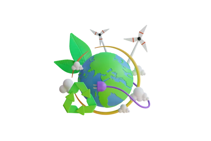 Alternative Stromquelle Konzept Mit Weltkugel Sonnenkollektoren Windturbine Und Setzling Intelligentes Energiesparen Happy Earth Day Weltumwelttag Umweltfreundlich 3 D Illustration 3D Icon