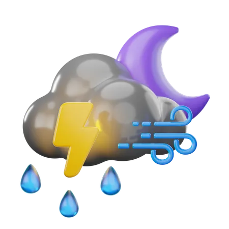 Windy Drizzle Lightning At Night  3D Icon
