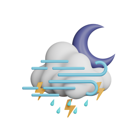 Windy Drizzle Night Thunder with Half Moon  3D Icon
