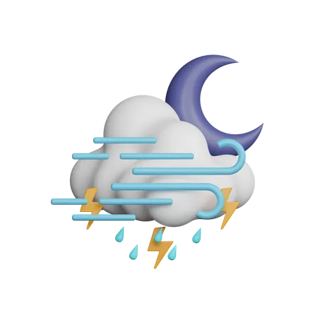 Windy Drizzle Night Thunder with Half Moon  3D Icon