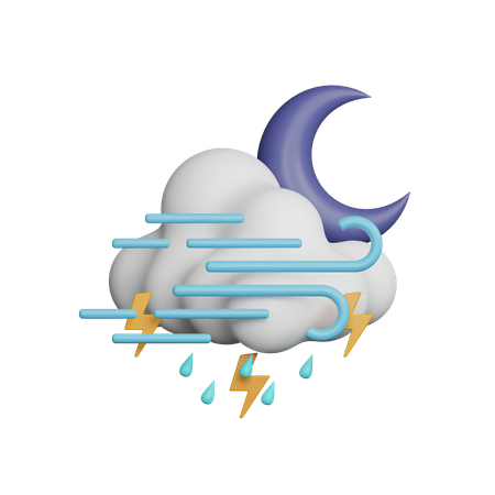 Windy Drizzle Night Thunder with Half Moon  3D Icon