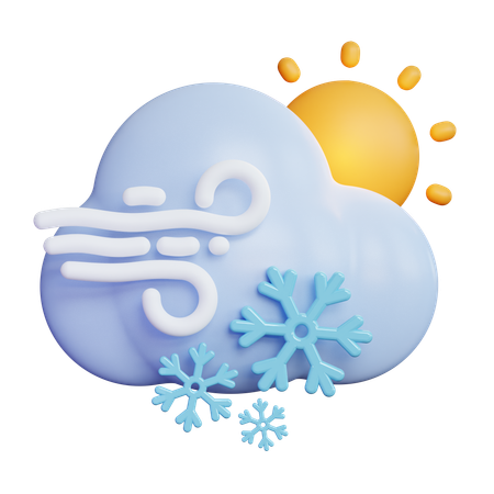 Windy Snow Cloud With Sun  3D Icon