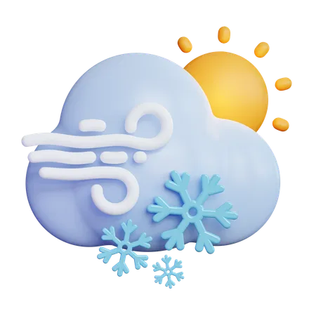 Windy Snow Cloud With Sun  3D Icon