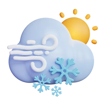 Windy Snow Cloud With Sun  3D Icon