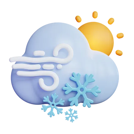 Windy Snow Cloud With Sun 3D Icon