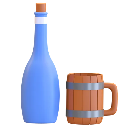 Pirates Wine Bottle And Glass Icon 3 D Render Illustration 3D Illustration