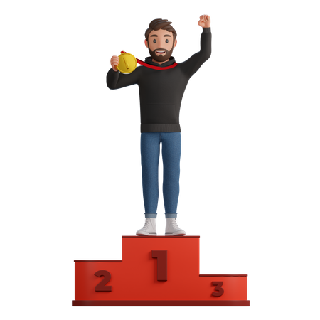 Winner man  standing on podium  3D Illustration