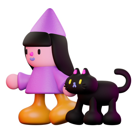 Witch And Cat Walking  3D Illustration