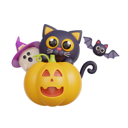 Witch Cat In Pumpkin  3D Illustration
