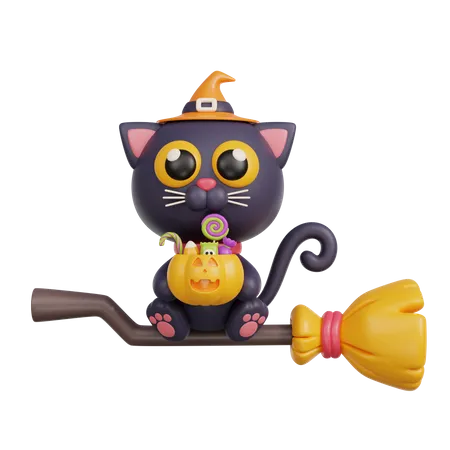 Witch Cat Riding Broom  3D Illustration
