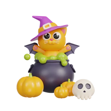Witch Cat With Cauldron  3D Illustration