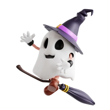 Witch Ghost Riding Broom  3D Illustration