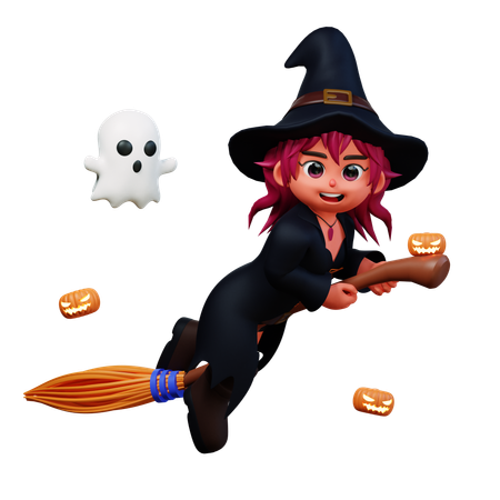 Witch Girl Flying On Broom  3D Icon
