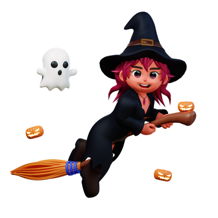 Witch Girl Flying On Broom  3D Illustration