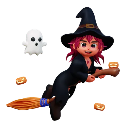 Witch Girl Flying On Broom  3D Illustration