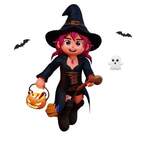 Witch Girl Flying On Broom Stick  3D Icon