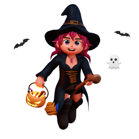 Witch Girl Flying On Broom Stick  3D Illustration