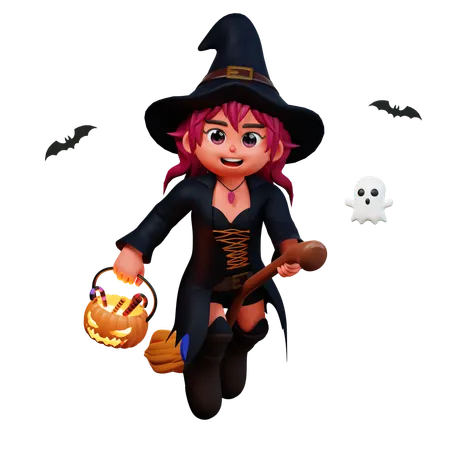 Witch Girl Flying On Broom Stick  3D Illustration