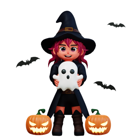 Witch Girl Holding Ghost  3D Illustration