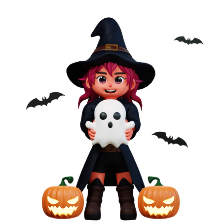 Witch Girl Holding Ghost  3D Icon