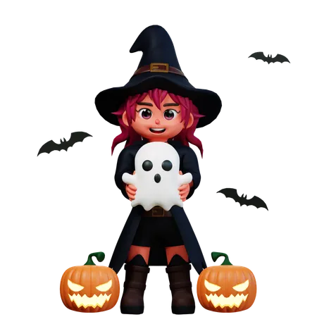 Witch Girl Holding Ghost  3D Illustration