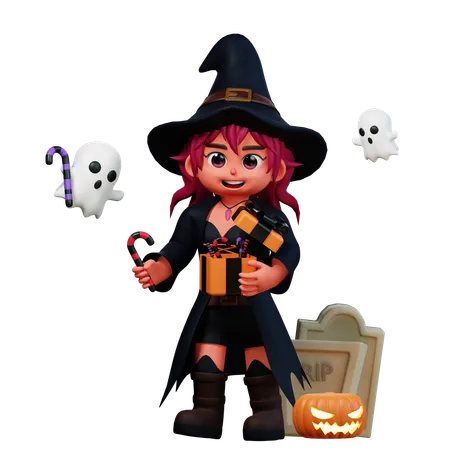 Witch Girl Holding Halloween Gift  3D Illustration